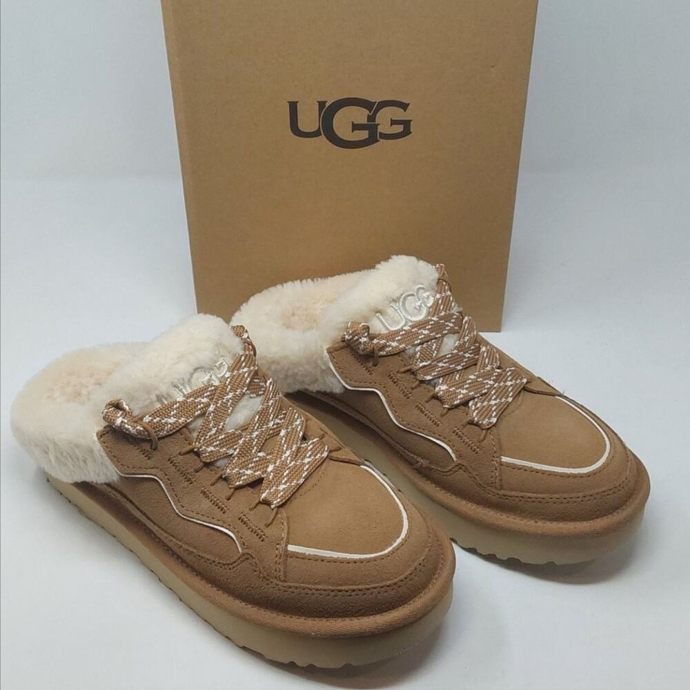 UGG Lowmel Mule Shoes Womens Size 8 Chestnut Suede Sheepskin Lined Slippers Cozy